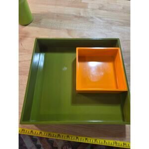 Vintage Serving Trey Set Maybe Bakelite Orange Green Square Nesting 11"